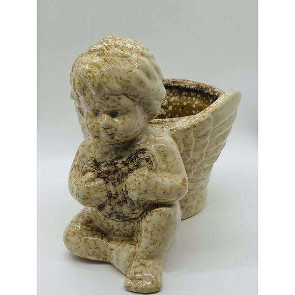 Dimpled Stone Angel Planter With Harp And Wings Extended Around Flower Pot - Picture 9 of 11